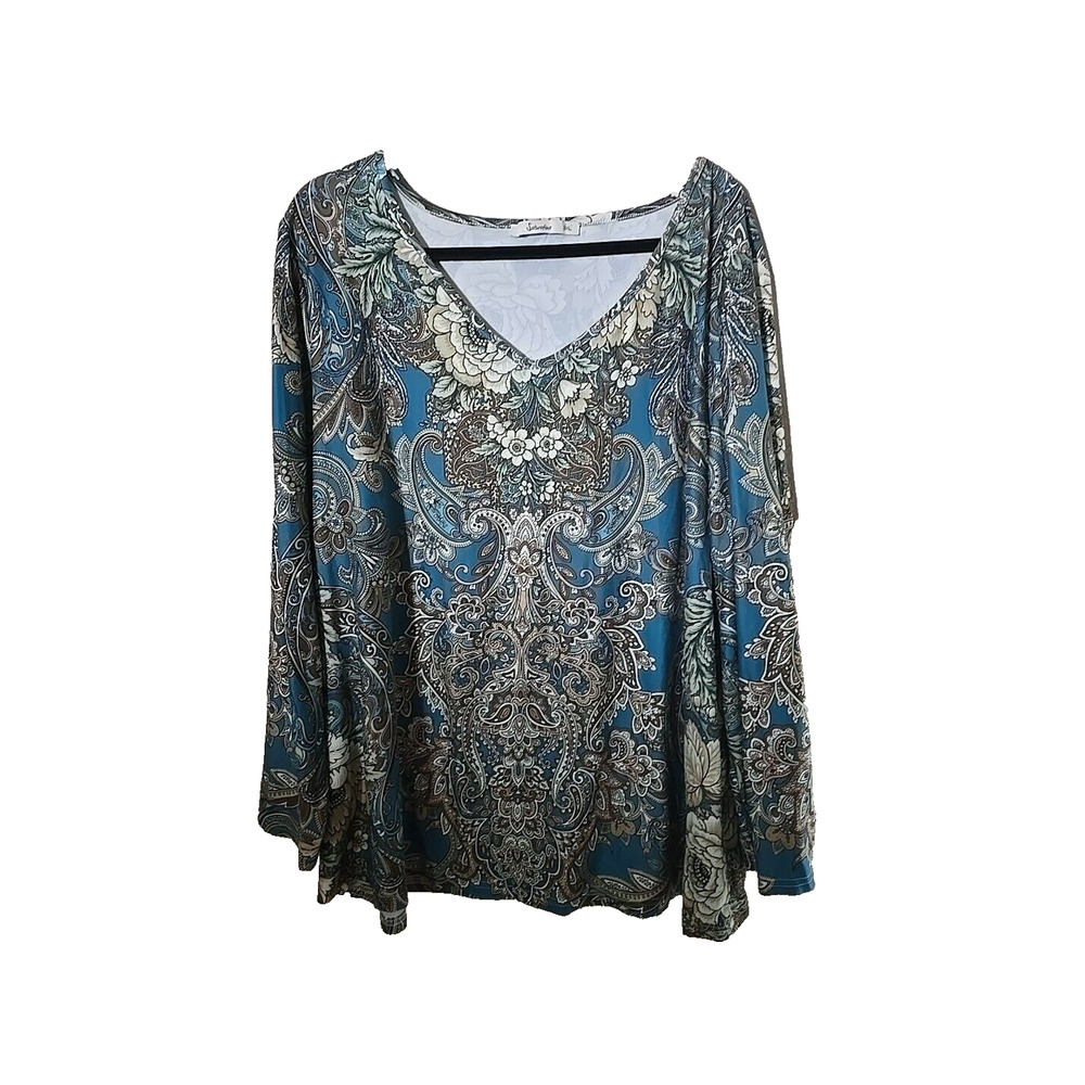 Sakurafina Paisley Boho Festival Long Sleeve Blouse Top Blue Womans Plus‎ Sz 3x